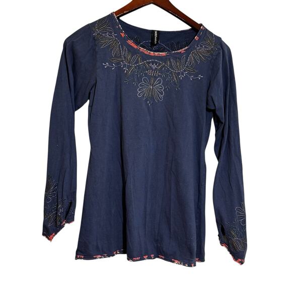 Sacred Threads Embroidery Floral Accents Bohemian Navy Shirt Top Size Small - Picture 1 of 9
